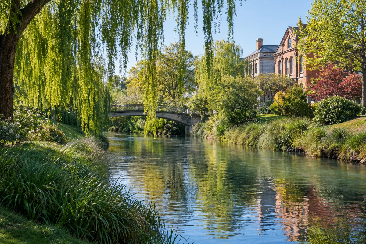 Rio tranquilo entre salgueiros e jardins urbanos, com uma ponte baixa ao fundo.