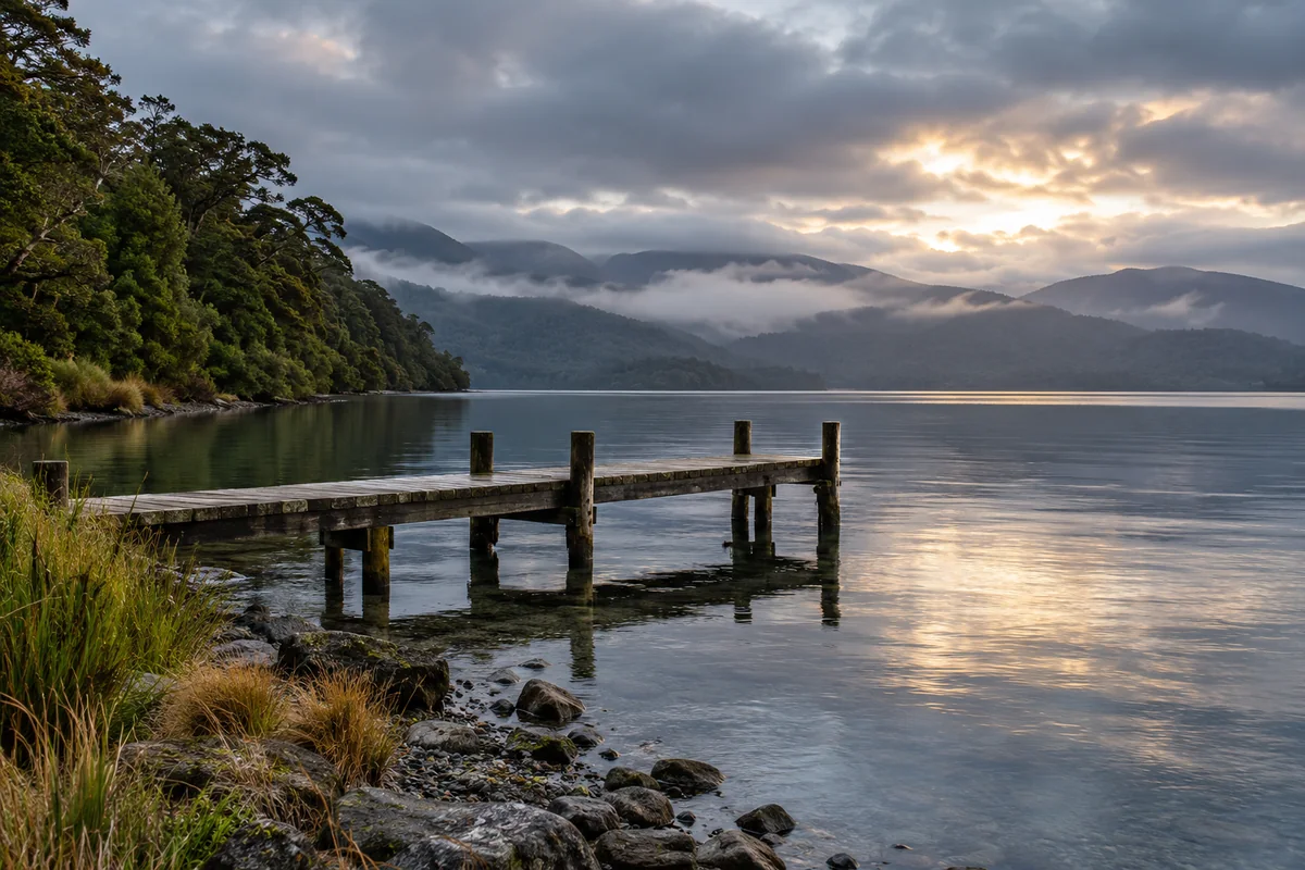Pequeno cais de madeira num lago rodeado por floresta e montanhas com neblina.
