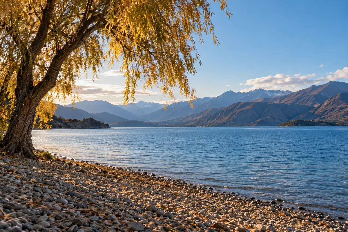 Margem de lago com pequenos seixos, árvore de folhas douradas e montanhas distantes.