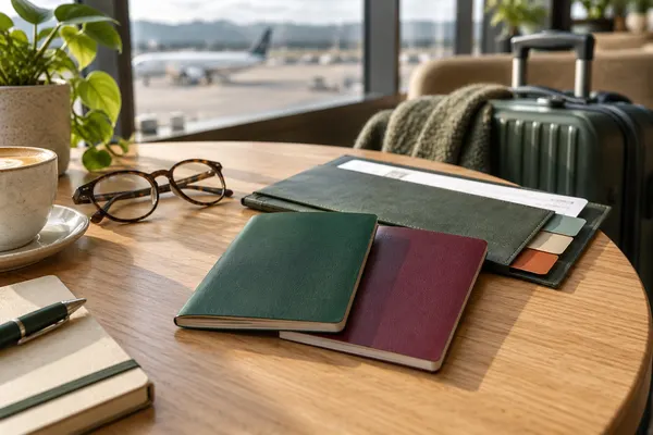 Dois livretos de viagem e uma pasta com divisórias sobre uma mesa, com uma mala ao fundo.