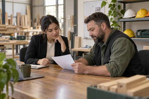 Profissional e supervisor analisam um documento em um escritório junto a uma oficina.