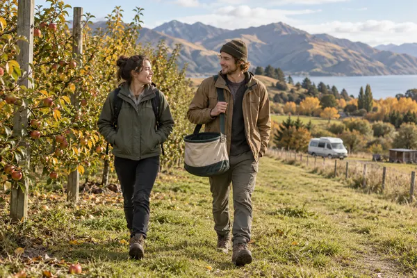 Dois jovens adultos caminham junto a um pomar com mochilas e equipamento de colheita.