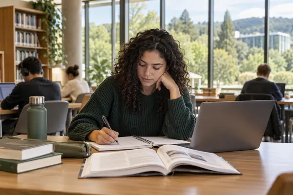 Estudante adulto trabalha com livros e computador em uma biblioteca iluminada.