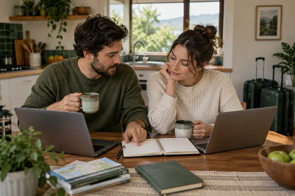 Casal organiza o planejamento da mudança com dois computadores e um caderno na mesa de casa.