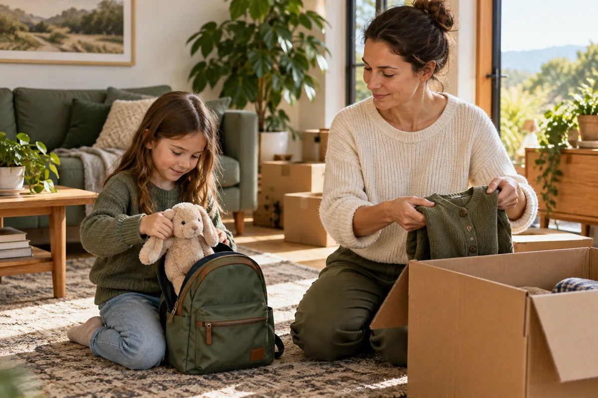 Adulto e criança preparam uma mochila com roupas e um brinquedo junto a caixas de mudança.