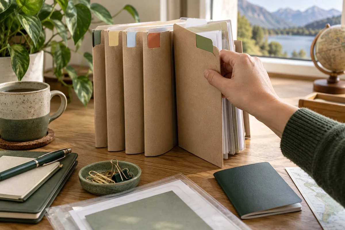 Pastas com divisórias, capas transparentes e documentos organizados sobre uma mesa.