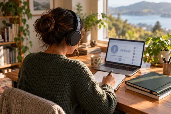 Pessoa pratica um idioma com fones de ouvido, caderno e computador sobre a mesa.