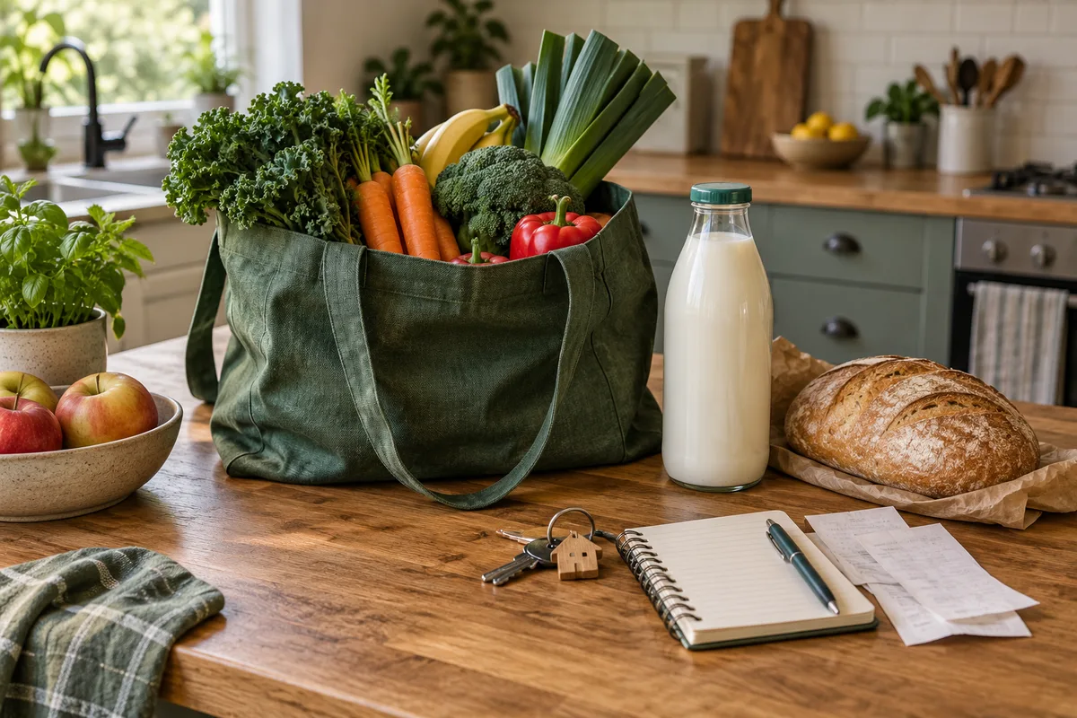 Compras de supermercado, chaves de casa e um caderno sobre o balcão de uma cozinha.