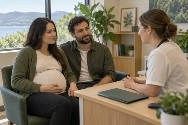 Gestante e acompanhante conversam com uma profissional de saúde em uma clínica.