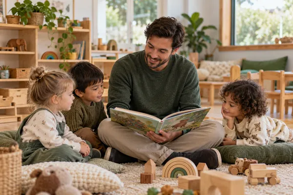 Educador lê um livro para crianças em uma sala de educação infantil com brinquedos de madeira.