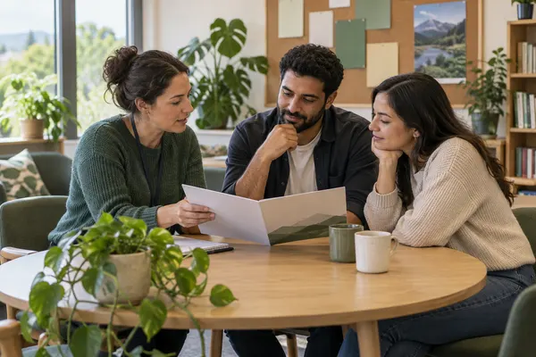 Três pessoas conversam sobre informações e apoio em uma mesa de um centro comunitário.