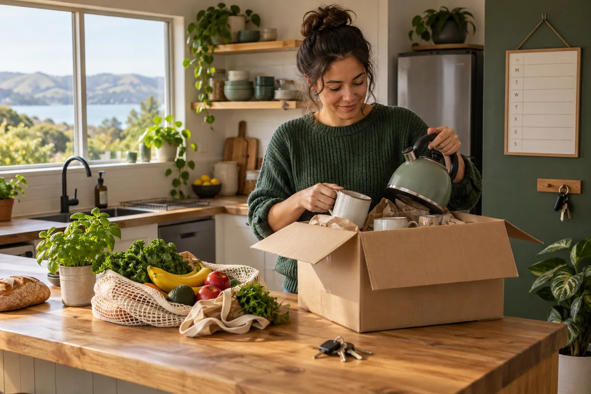 Pessoa desembala utensílios de cozinha junto a compras e caixas de mudança.