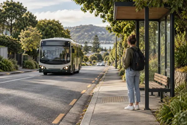 Pessoa com mochila espera em uma parada de ônibus numa rua de bairro arborizada.