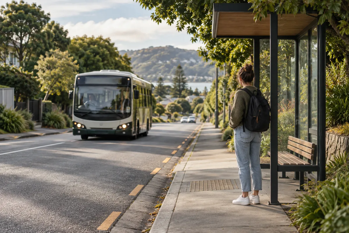 Pessoa com mochila espera em uma parada de ônibus numa rua de bairro arborizada.