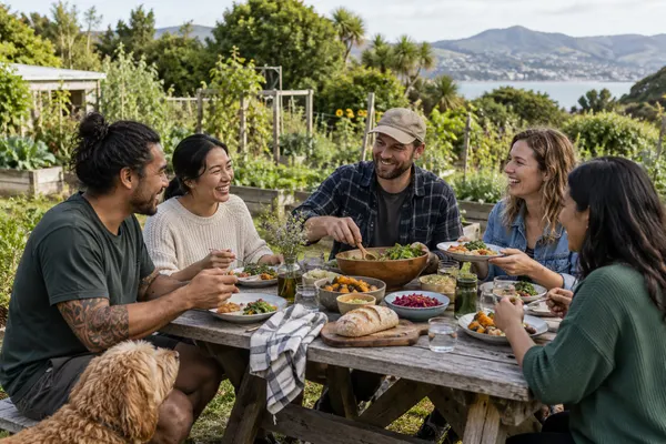 Vizinhos partilham uma refeição em uma horta comunitária.