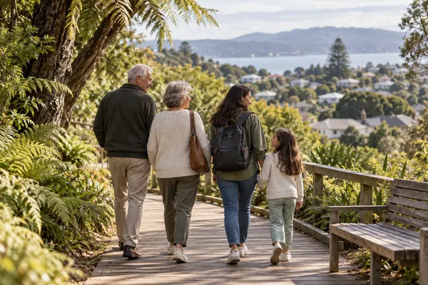 Três gerações de uma família passeiam por um jardim com vegetação e passarela de madeira.