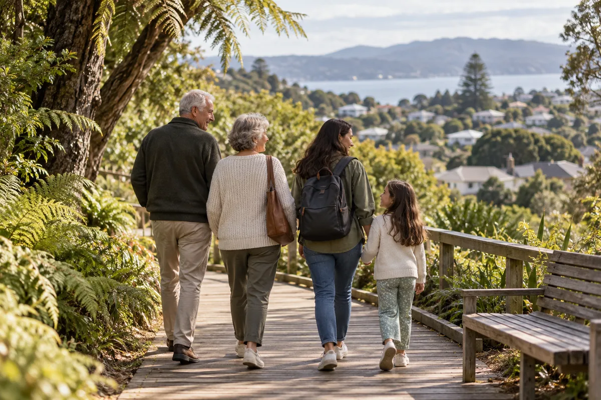 Três gerações de uma família passeiam por um jardim com vegetação e passarela de madeira.