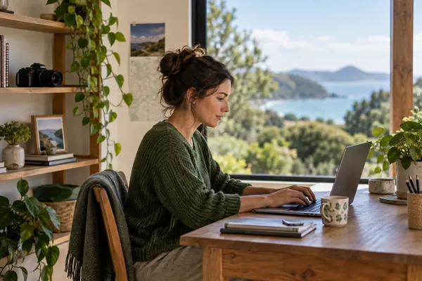 Profissional trabalha ao computador em um pequeno escritório com vista para vegetação e mar.
