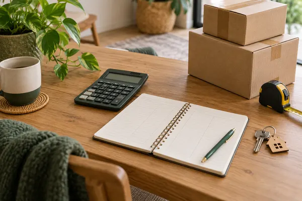 Calculadora, caderno, chaves e fita métrica sobre uma mesa com pequenas caixas.