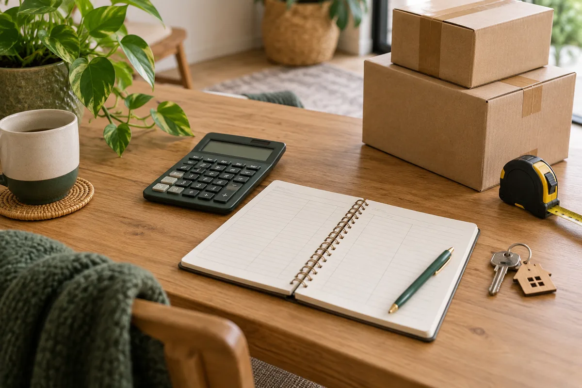 Calculadora, caderno, chaves e fita métrica sobre uma mesa com pequenas caixas.