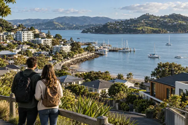 Casal observa um bairro costeiro com casas, edifícios, passeio à beira-mar e colinas verdes.