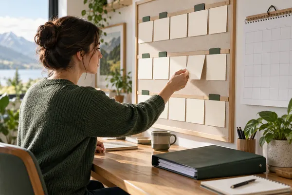 Pessoa organiza cartões e um calendário sem datas em um quadro de planejamento.