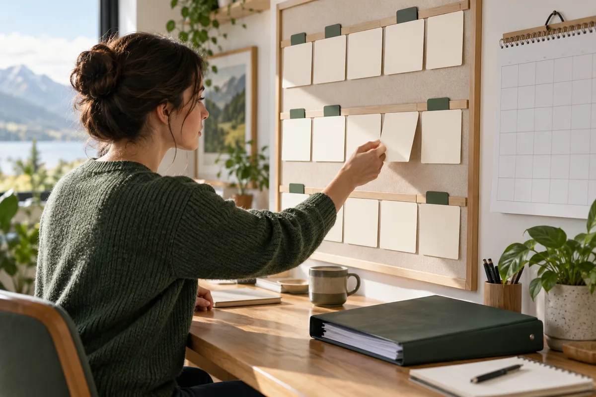Pessoa organiza cartões e um calendário sem datas em um quadro de planejamento.