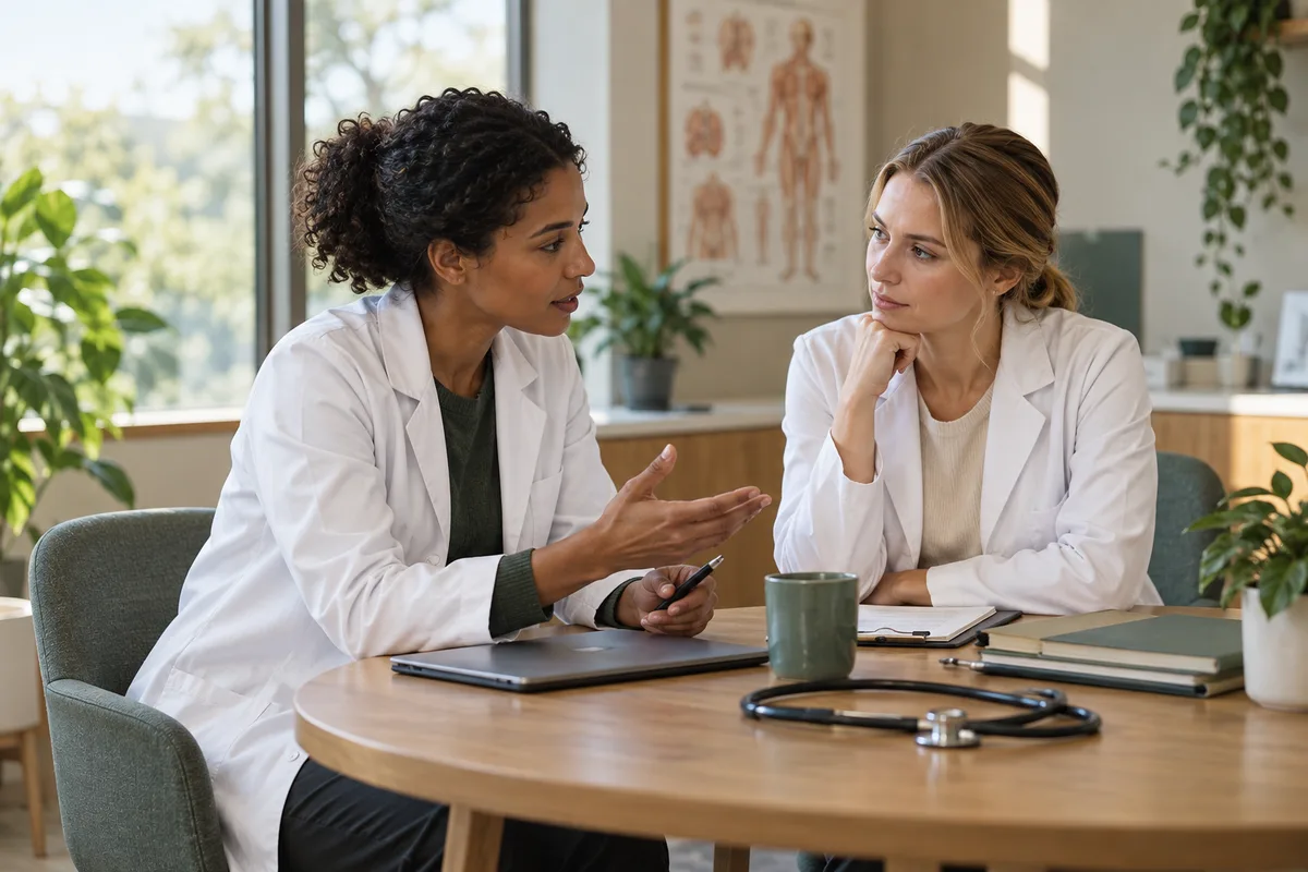 Duas médicas discutem um caso em uma sala de clínica com pastas sobre a mesa.