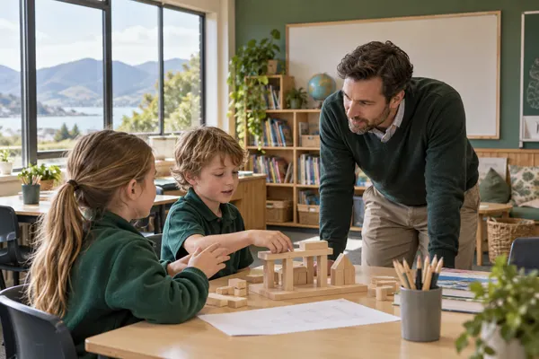 Professor acompanha duas crianças construindo um modelo com blocos de madeira em sala de aula.