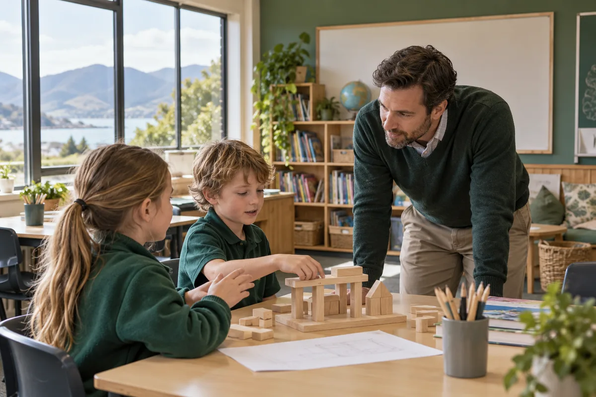 Professor acompanha duas crianças construindo um modelo com blocos de madeira em sala de aula.