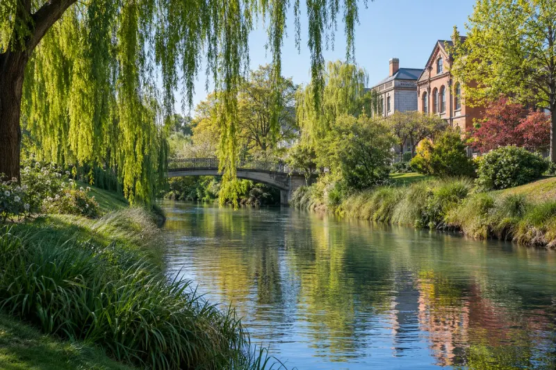Rio tranquilo entre salgueiros e jardins urbanos, com uma ponte baixa ao fundo.