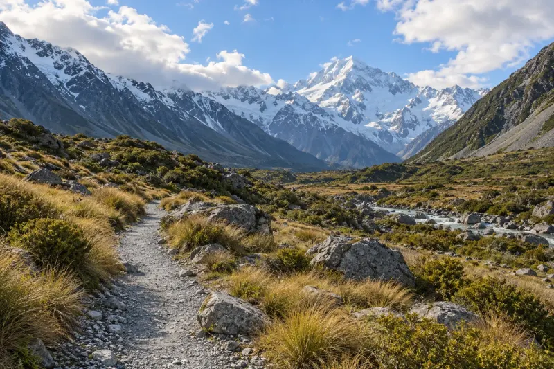 Trilha de cascalho entre gramíneas alpinas, com montanhas nevadas ao fundo.