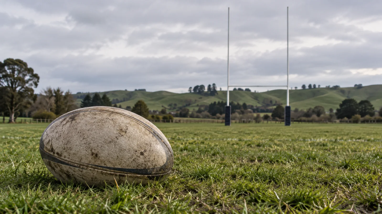 Bola de rugby sobre a grama, com postes de gol e colinas verdes ao fundo.