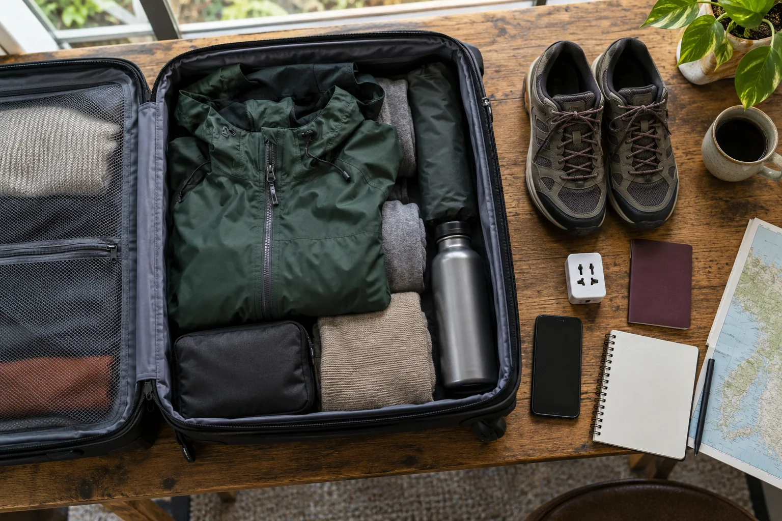 Mala aberta com roupas em camadas, calçado de caminhada, telefone e acessórios de viagem sobre uma mesa.