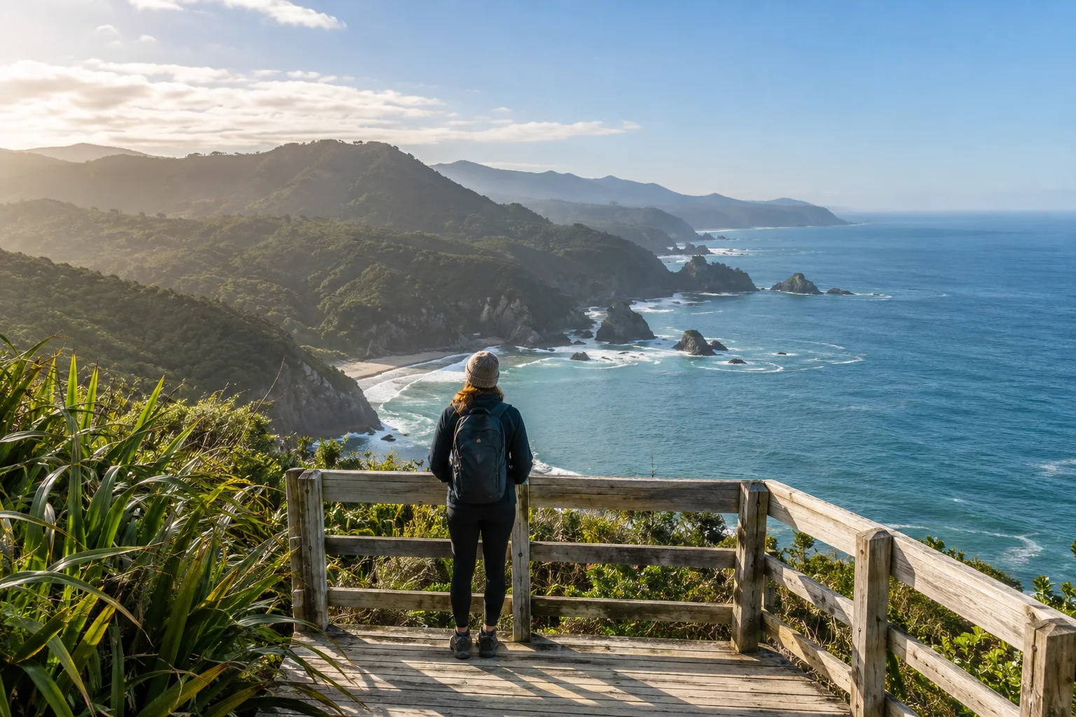 Viajante de costas com mochila em um mirante de madeira diante de uma costa verde e do mar azul.