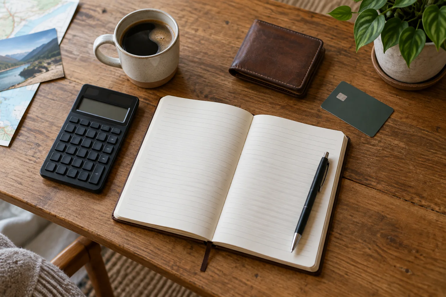 Caderno de páginas pautadas em branco, calculadora, carteira, cartão sem identificação e café sobre uma mesa.
