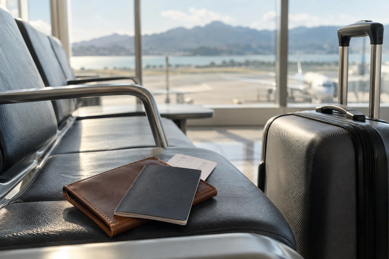 Porta-documentos com passaporte sem identificação e papel dobrado ao lado de uma mala em um assento de aeroporto.
