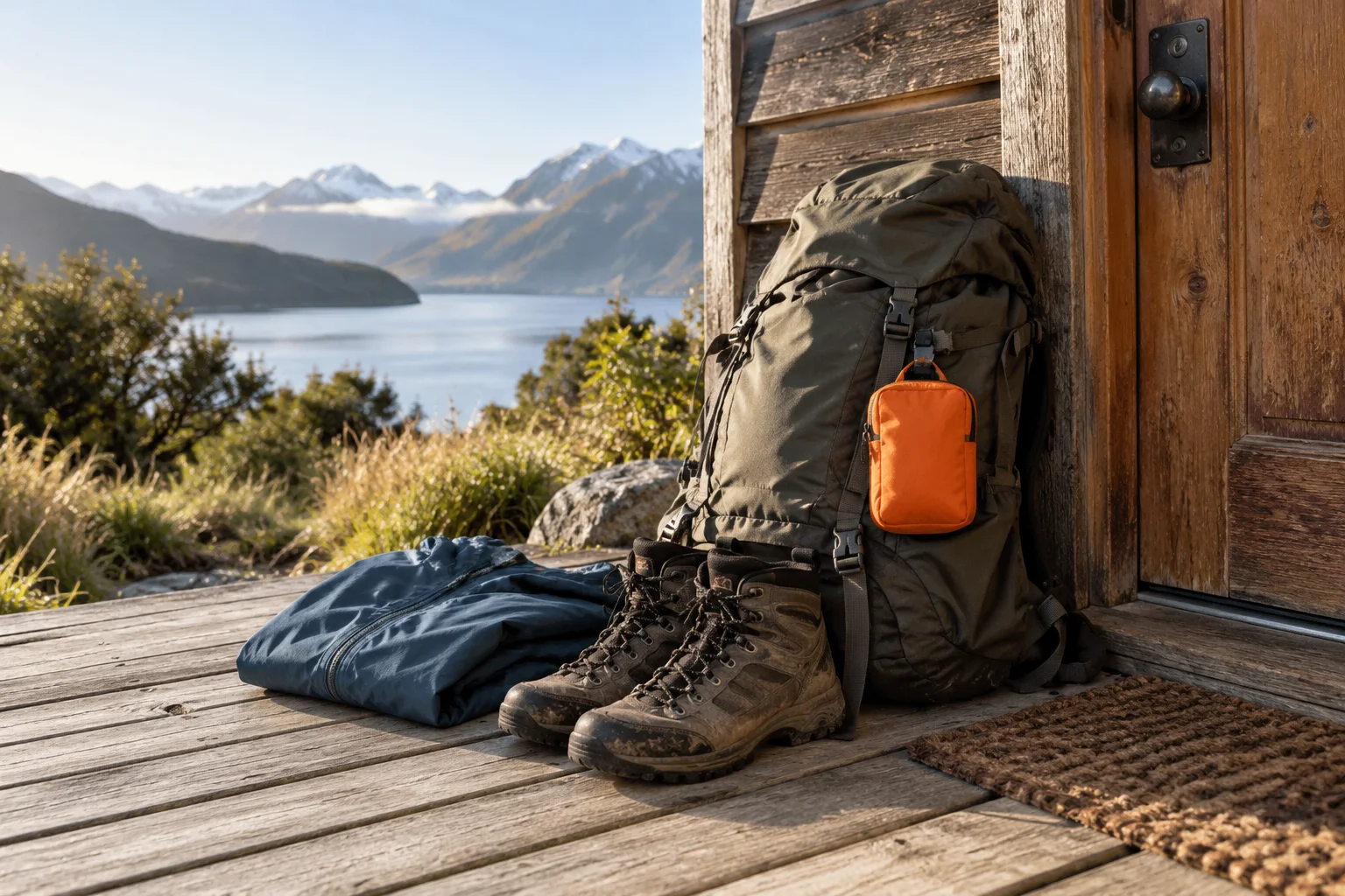 Mochila de trilha, pequena bolsa de primeiros socorros, capa de chuva e botas junto à porta de uma cabana.