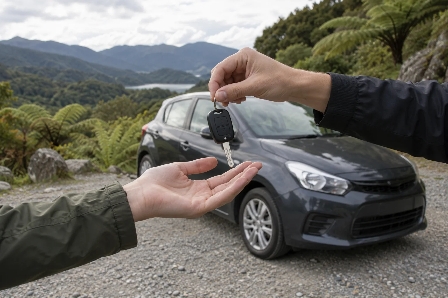 Mãos entregando uma chave de carro diante de um automóvel escuro em uma parada cercada de vegetação.