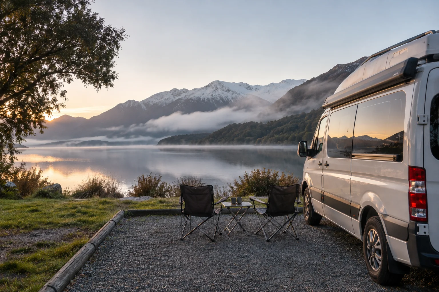 Campervan e duas cadeiras dobráveis em uma área de camping à beira de um lago com montanhas ao fundo.
