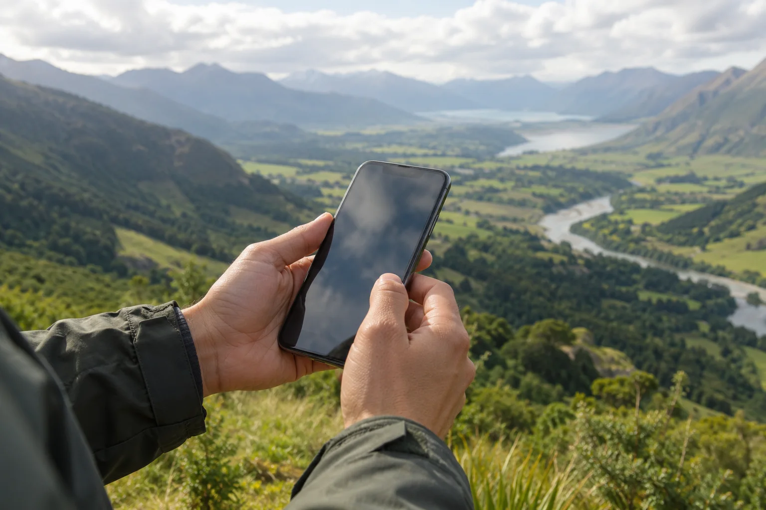 Mãos segurando um celular com reflexos na tela diante de um vale verde.