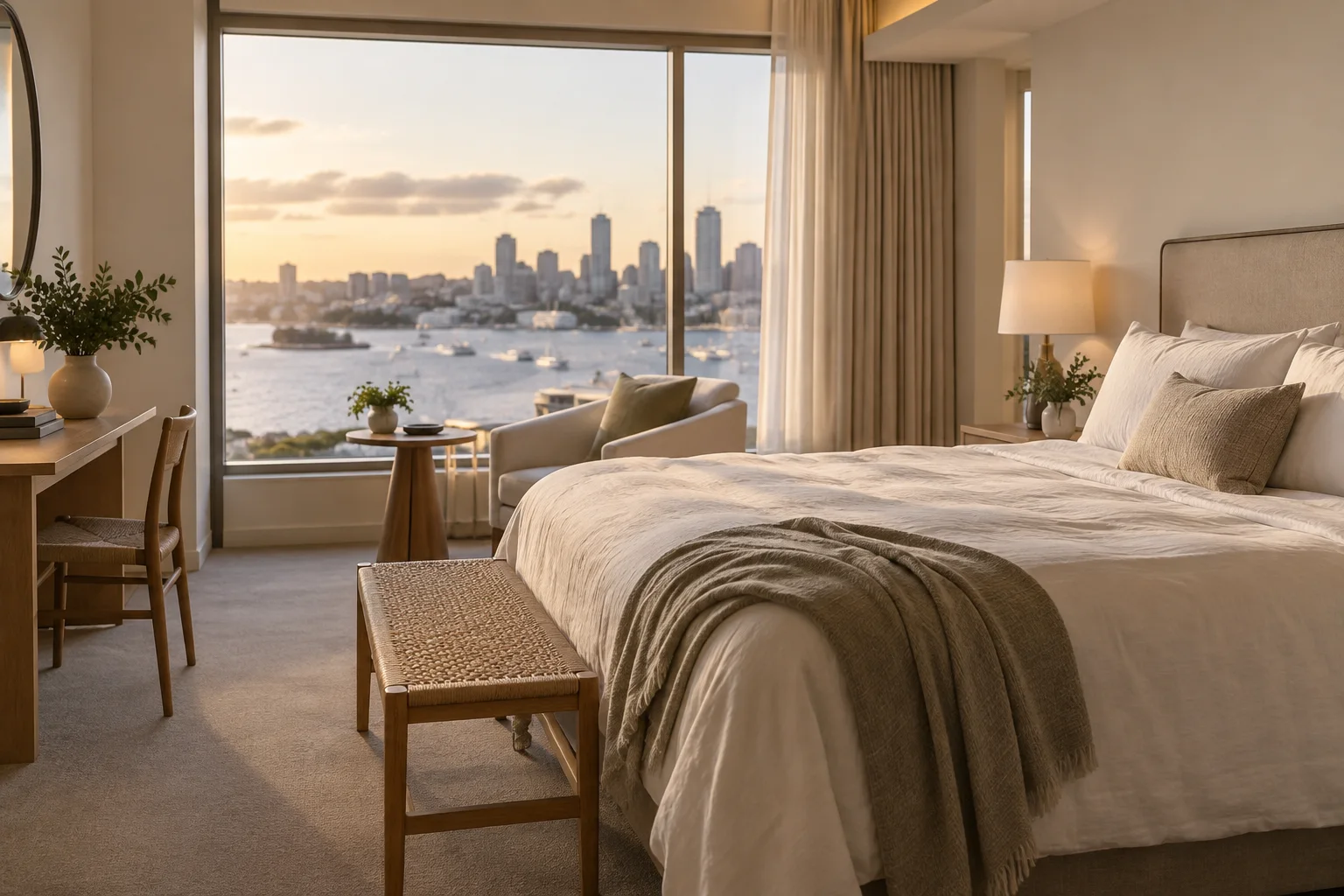 Quarto de hotel com cama de linho e uma janela ampla voltada para uma paisagem urbana e um porto desfocados.