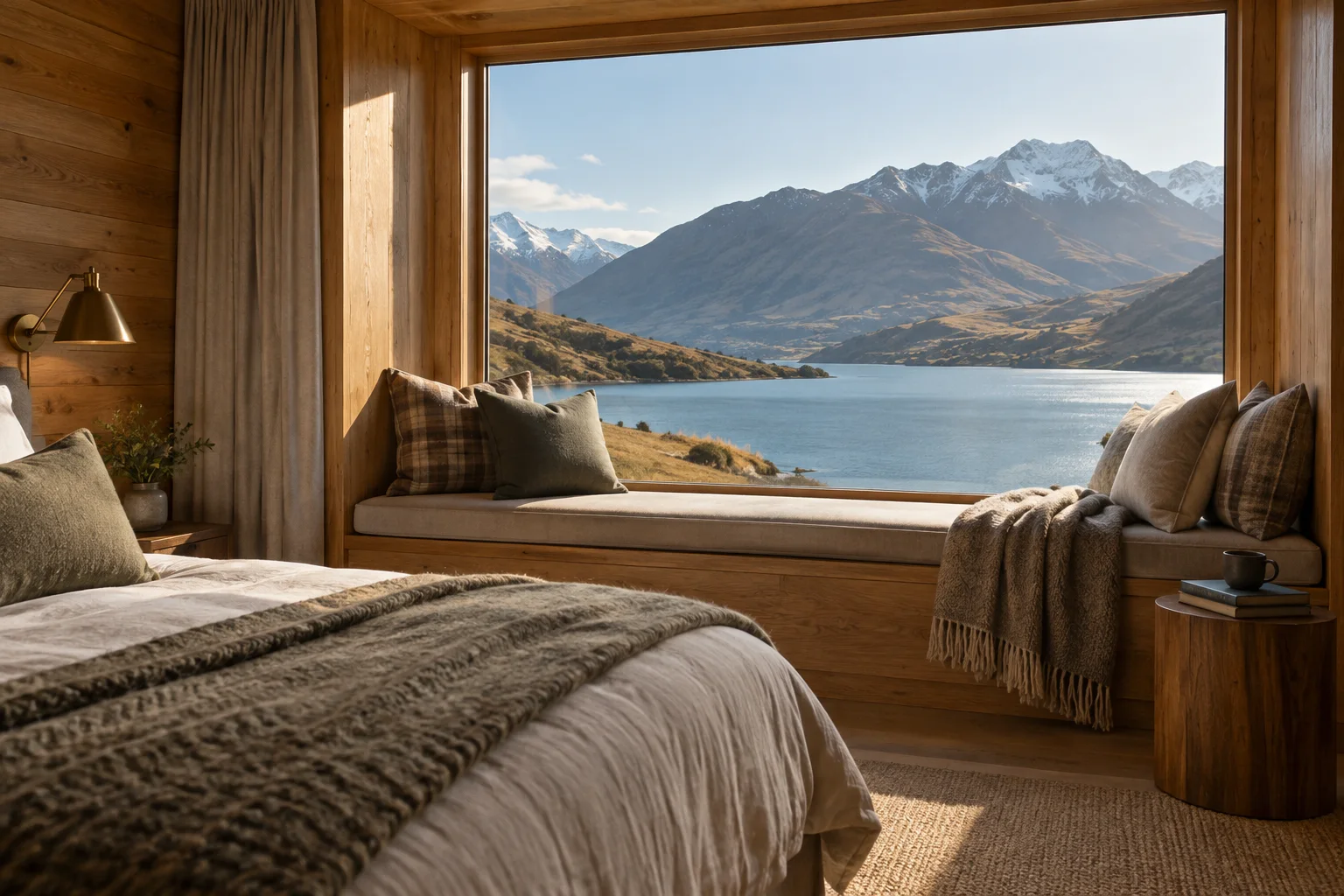 Quarto com revestimento de madeira e banco junto à janela, com vista para um lago e montanhas.