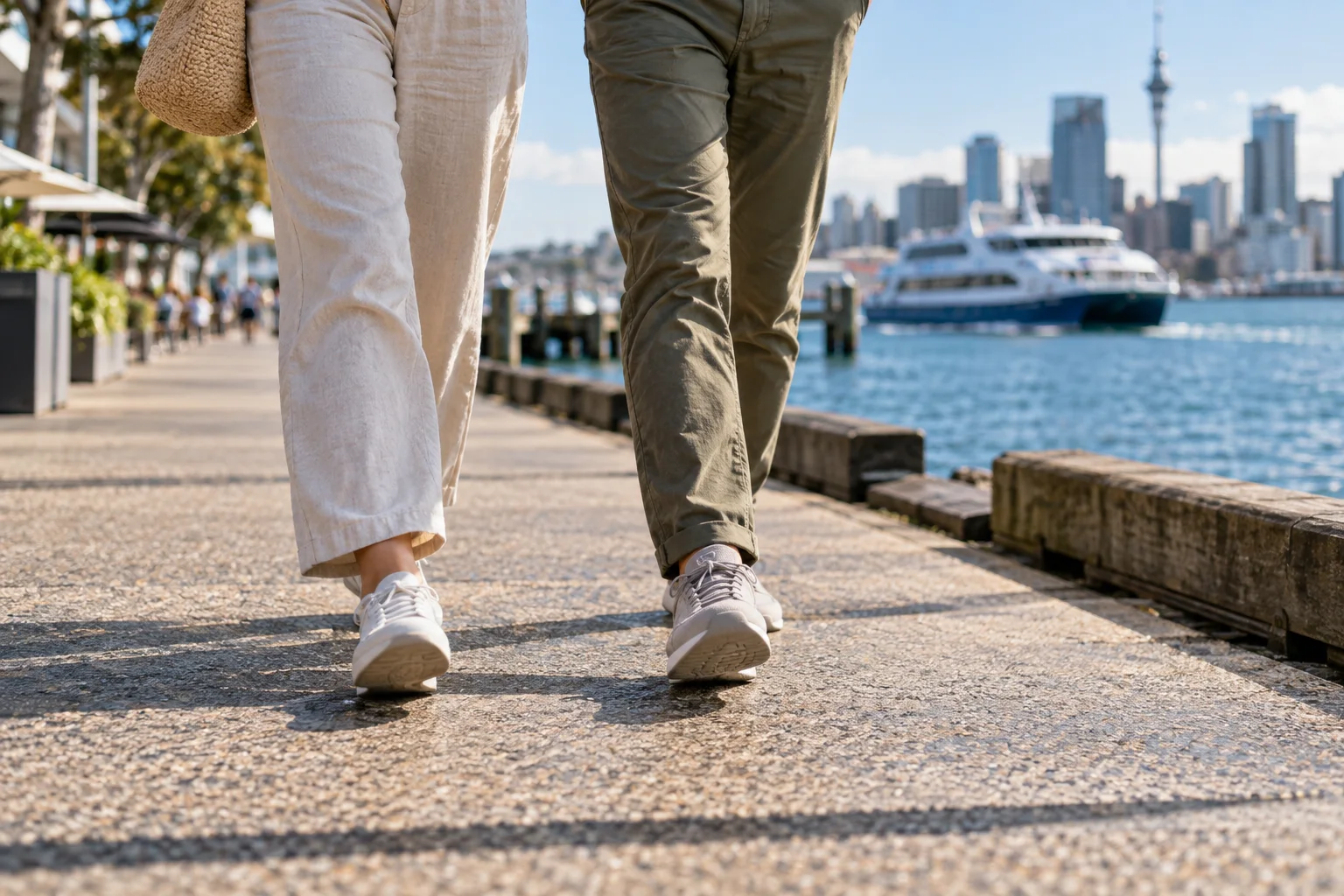 Pernas e tênis de viajantes caminhando por uma orla urbana, com uma balsa desfocada ao fundo.