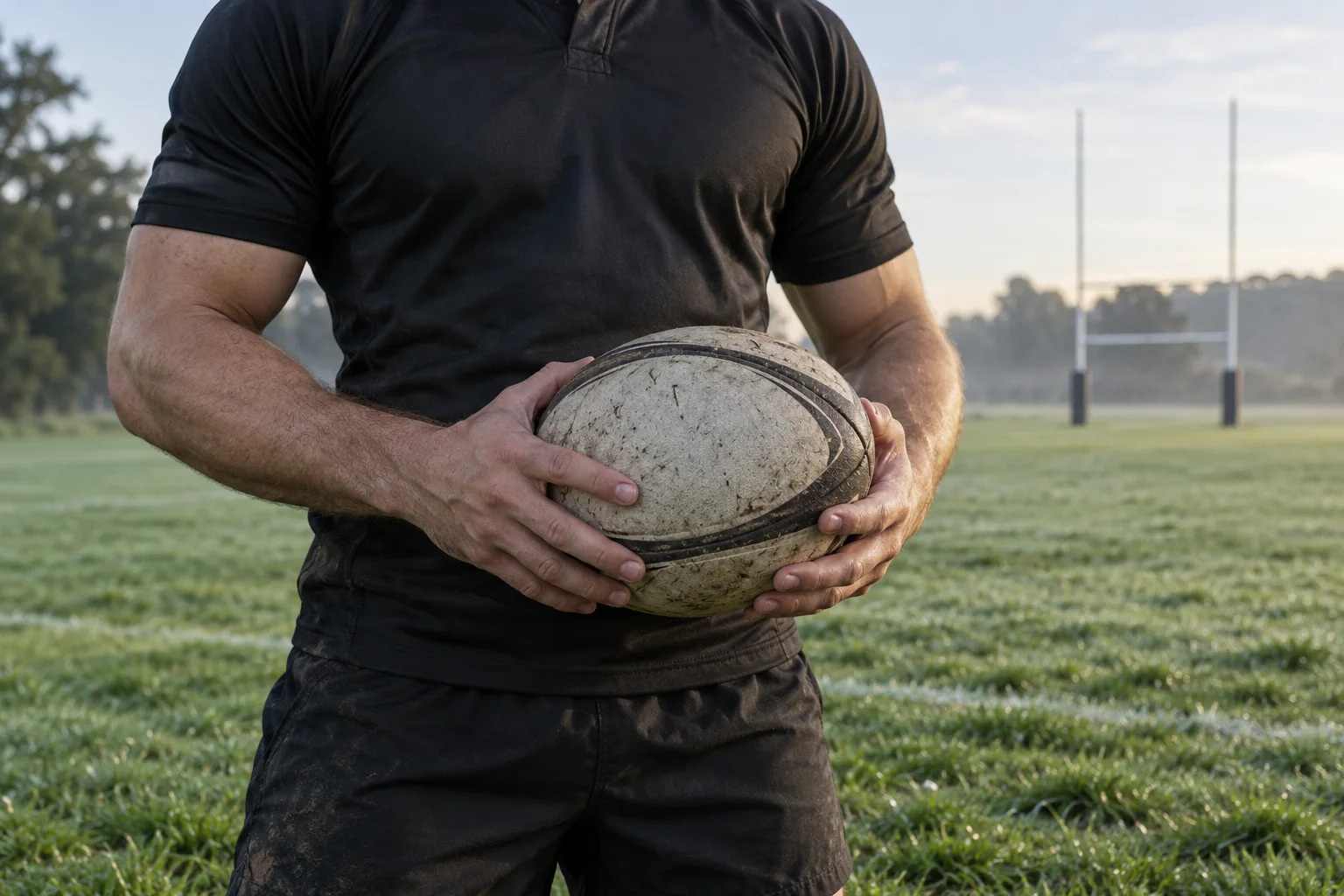 Tronco de atleta com camisa preta segurando uma bola de rugby à beira de um campo com orvalho.