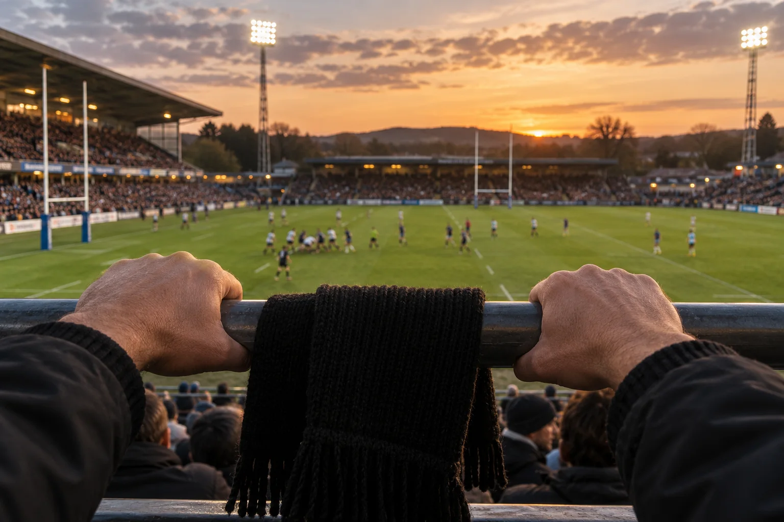 Mãos de espectador sobre uma grade com cachecol preto, diante de um campo de rugby iluminado ao entardecer.