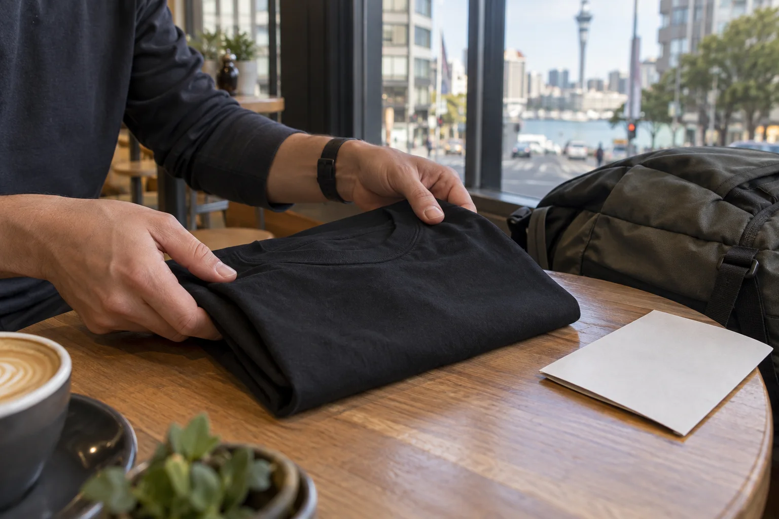 Mãos dobram uma camisa preta sobre a mesa de um café, ao lado de uma mochila e de um folheto virado para baixo.