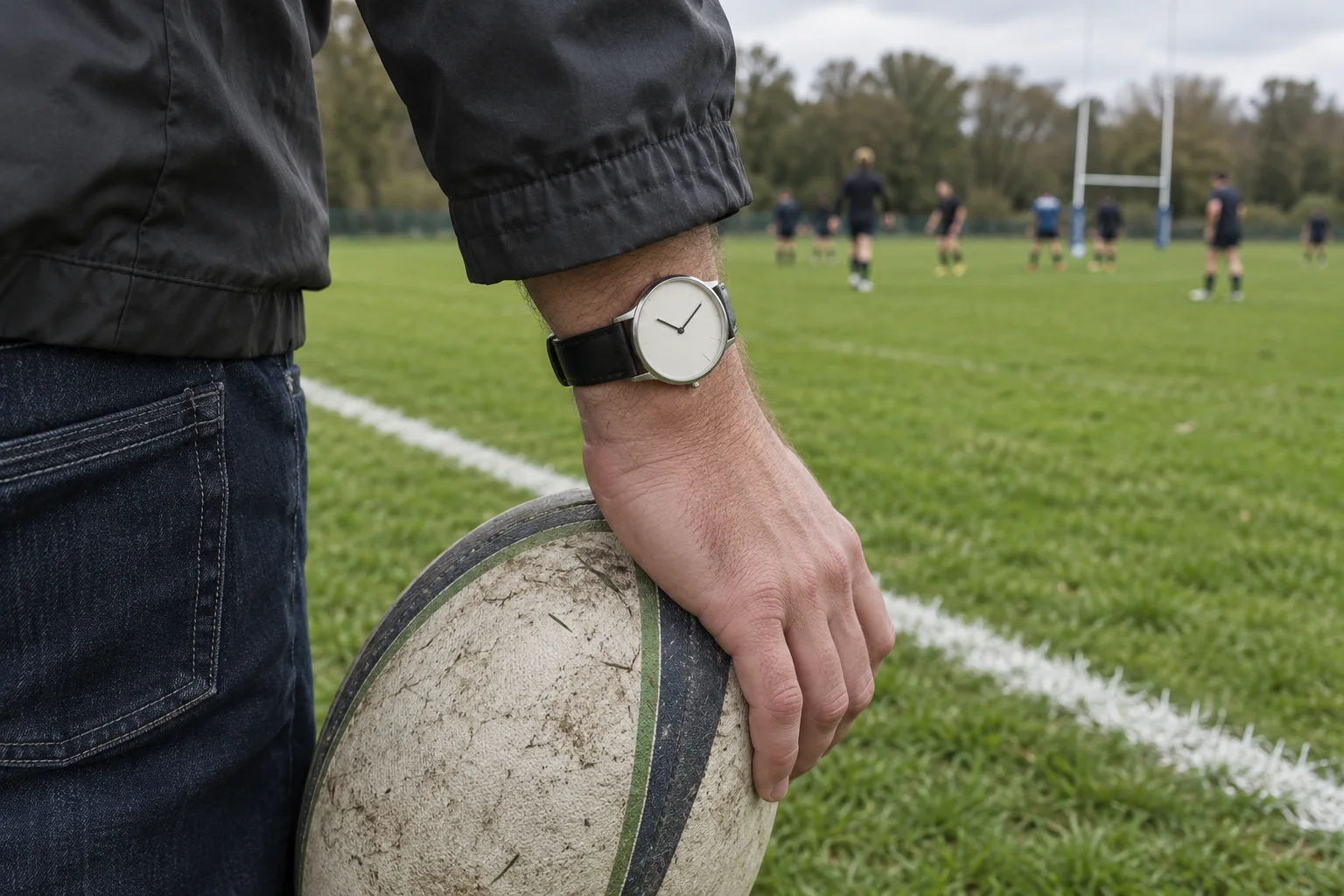 Antebraço de espectador com relógio analógico ao lado de uma bola de rugby próxima à linha lateral do campo.