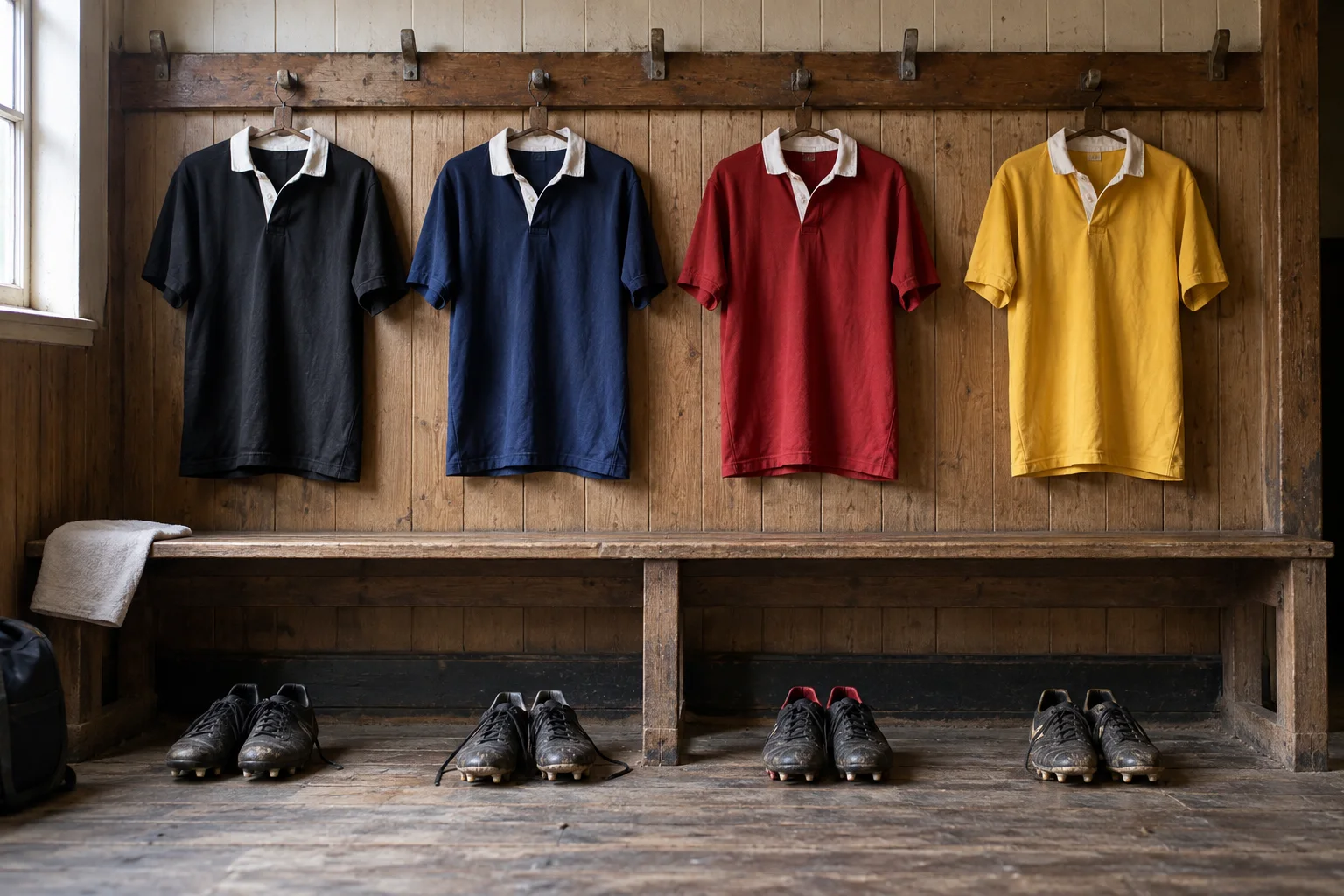 Camisas de rugby pretas, azuis, vermelhas e amarelas penduradas em um vestiário de madeira, com chuteiras abaixo.