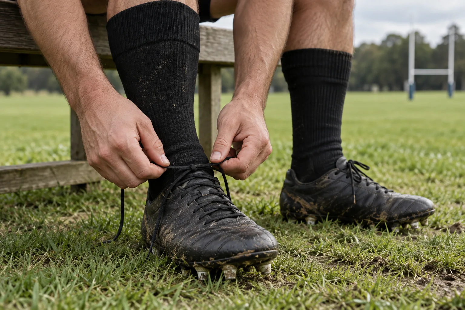 Mãos amarrando os cadarços de chuteiras pretas de rugby, com meias pretas e gramado ao fundo.